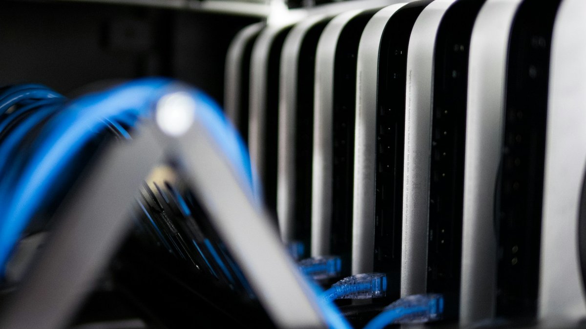 配線盤に整理されたネットワークケーブル。MDF室のイメージ
